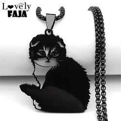 Cute Fashion Animal Cat Pendant Necklace for Women Men Hollow Stainless Steel Black Scottish Fold Pet Kitten Jewelry collar
