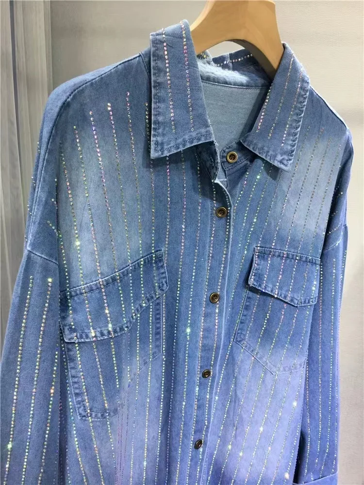 Luxury Style Rhinestone Middle Long Denim Shirts for Women Pocket Denim Top Long Sleeve Coat Turndown Collar Loose Blouse