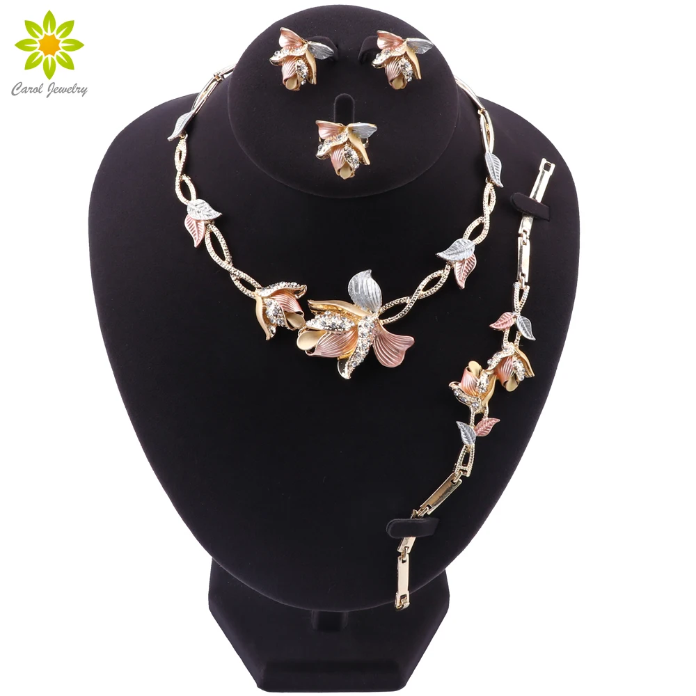 Nigerian Wedding Women Accessories Jewelry Set Dubai Gold Color Flower Shape Necklace Earrings Bracelet Ring