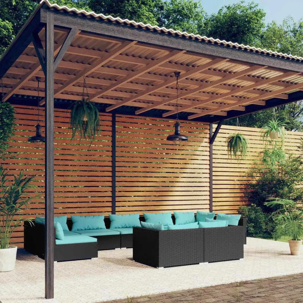 9-Piece Black Poly Rattan Patio Lounge Set with Cushions - Stylish Outdoor Furniture