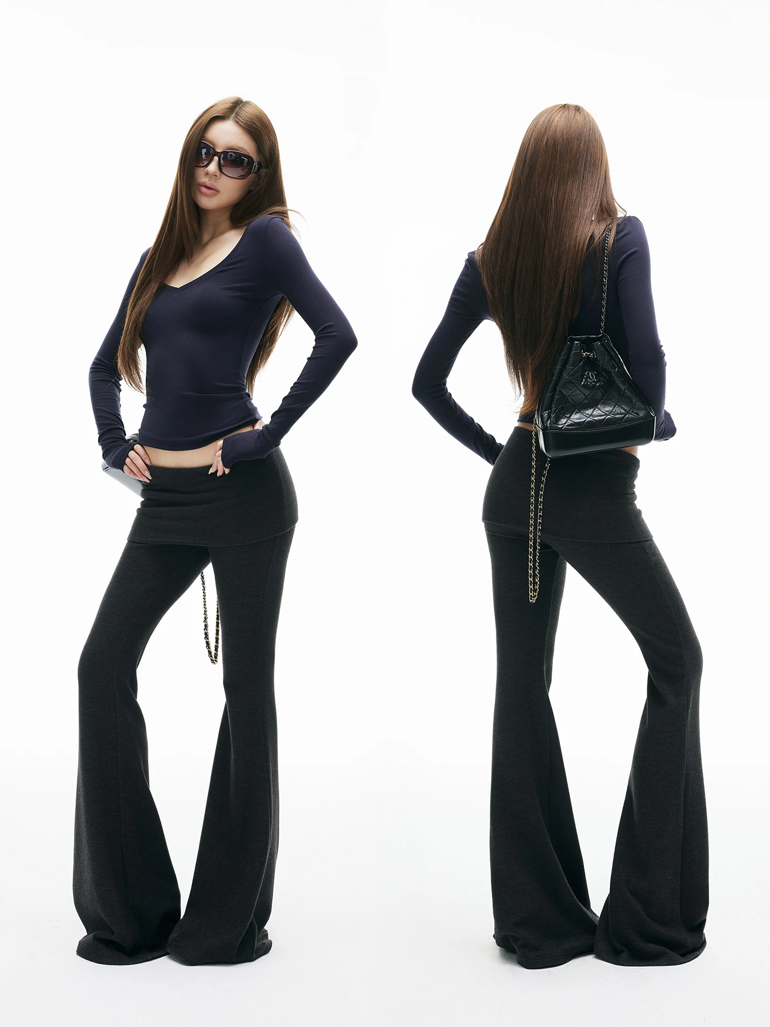 Iamxiaa Skin-Caring Cotton Blend Faux Two-Piece Skirt High Waist Bell Bottoms Casual Pants Vintage Curtain Style Lightly Fuzzed