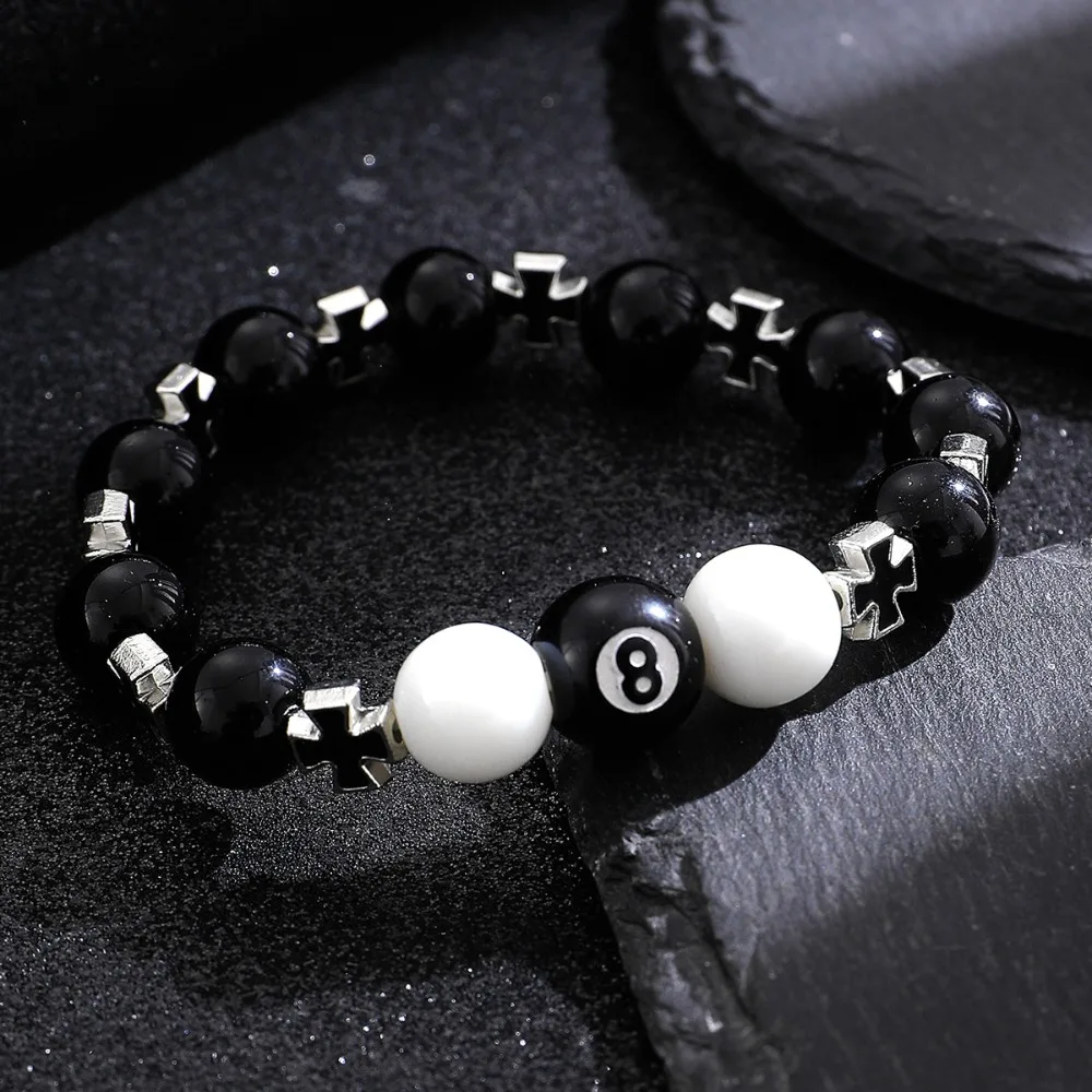 Hip-hop Retro Obsidian Cross Bracelet Black Eight Billiards Beaded Bracelet for Men Women Trendy Punk Jewellery Accessory Gifts