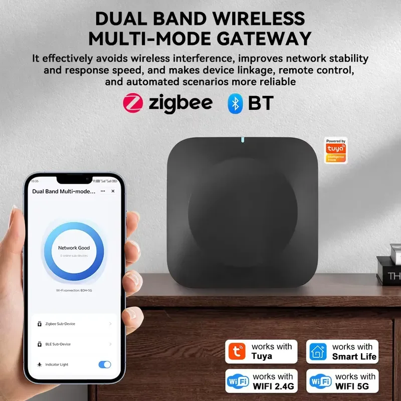 The 2026 dual-band Zigbee WiFi mini gateway hub supports both 2.4G and 5G WiFi networks simultaneously, allowing