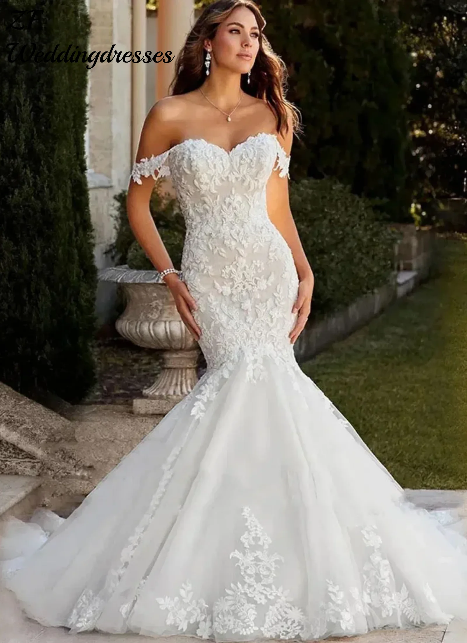 

Customized Off The Shoulder Mermaid Wedding Dresses Lace Appliques Long Bride Dress Sleeveless Backless Bridal Gown