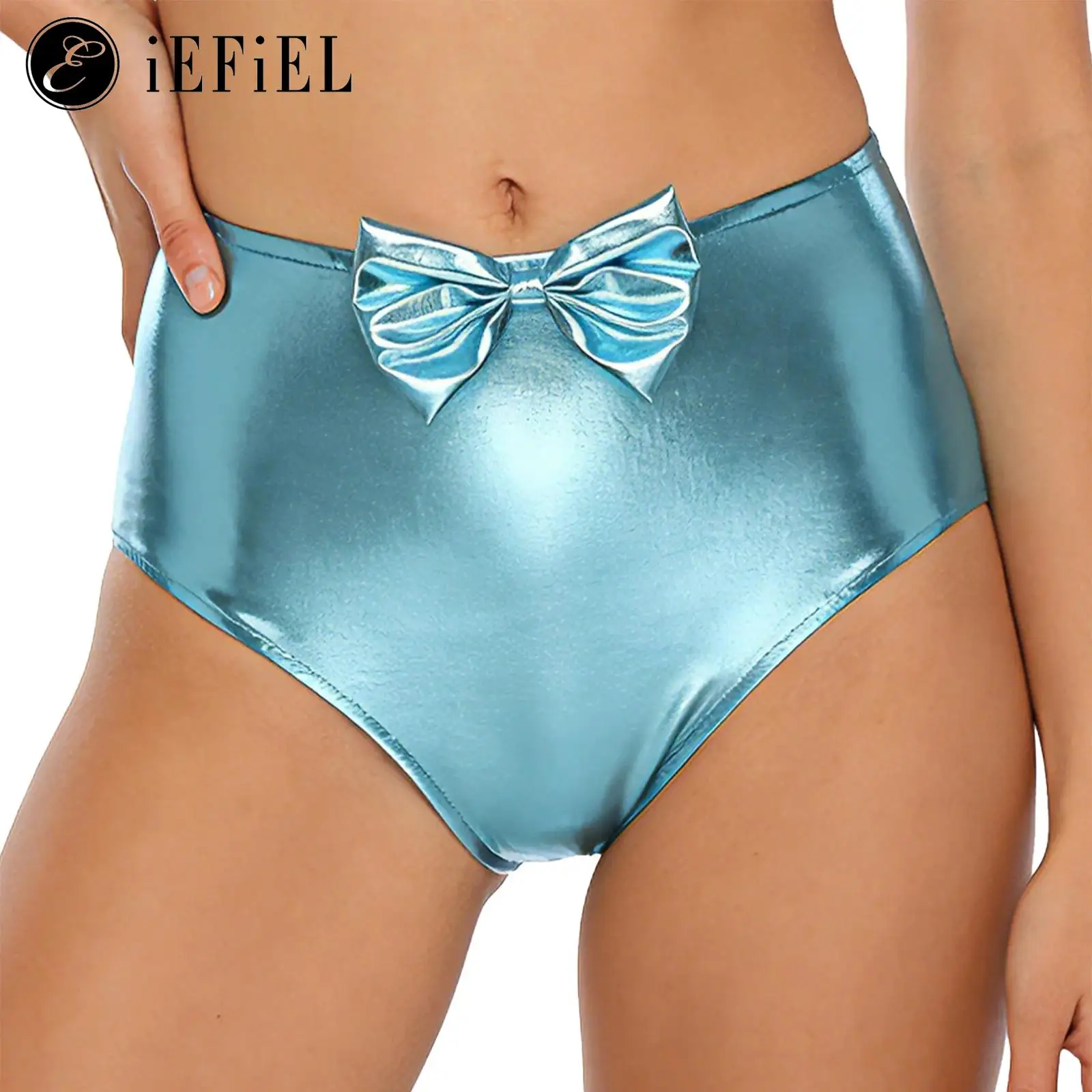 Womens Iridescent Metallic Shorts Hot Pants Cute Bow Ruched High Waist Shiny Booty Shorts Briefs Music Rave Dance Party Clubwear