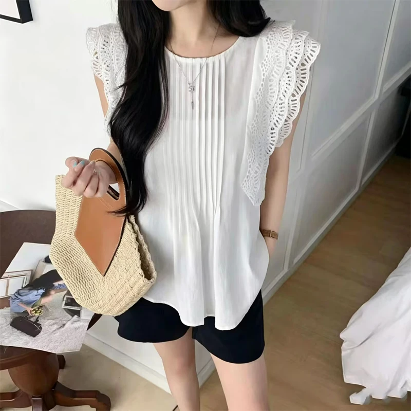 

Casual Style Pleated Hollow out Sleeveless Women's Shirt Floral Splicing Breathable Summer New Fashion Top