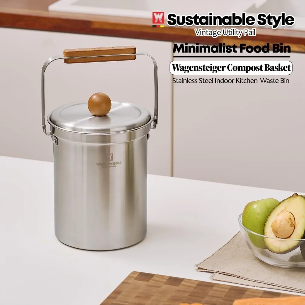 3L Stainless Steel Compost Bin with Airtight Lid, Odor-Free Kitchen Countertop Trash Can, Wooden Handle Design