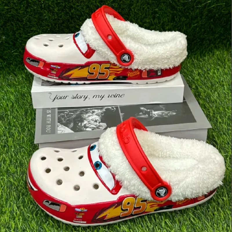 Anime Aoger Disney Lightning Mcqueen Pixar Cartoon Solid Color Waterproof Slippers With Hole Shoes And Cotton Cover Gift