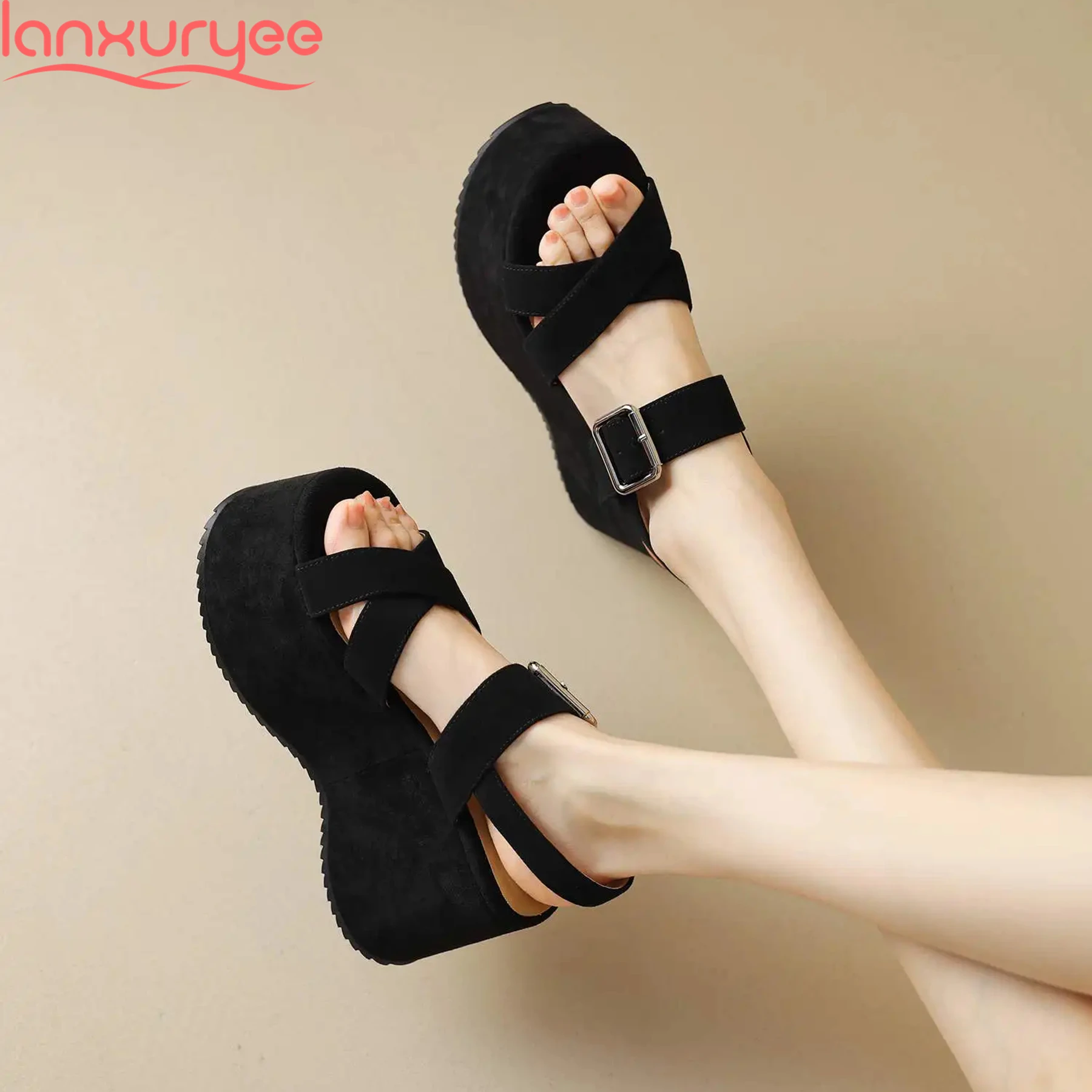 

Lanxuryee Sheep Suede Peep Toe Super High Summer Shoes Platform Increasing Nightclub Concise Dress Casual Comfort Women Sandals