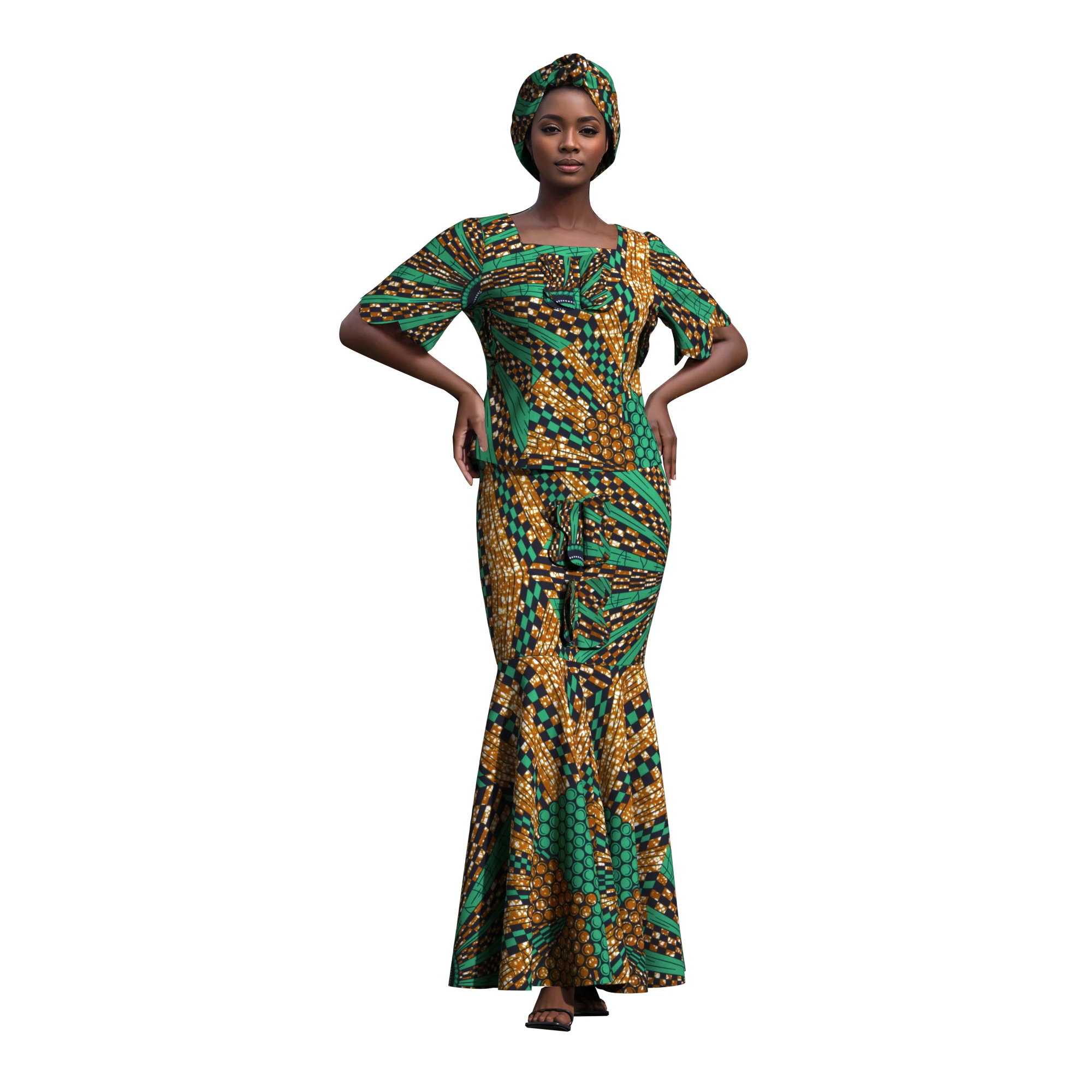 African Ankara Print 2 Piece Set Women Short Sleeve Mermaid Maxi Dress Matching Headwrap Dashiki Outfit Wedding Party Clothing - view 4