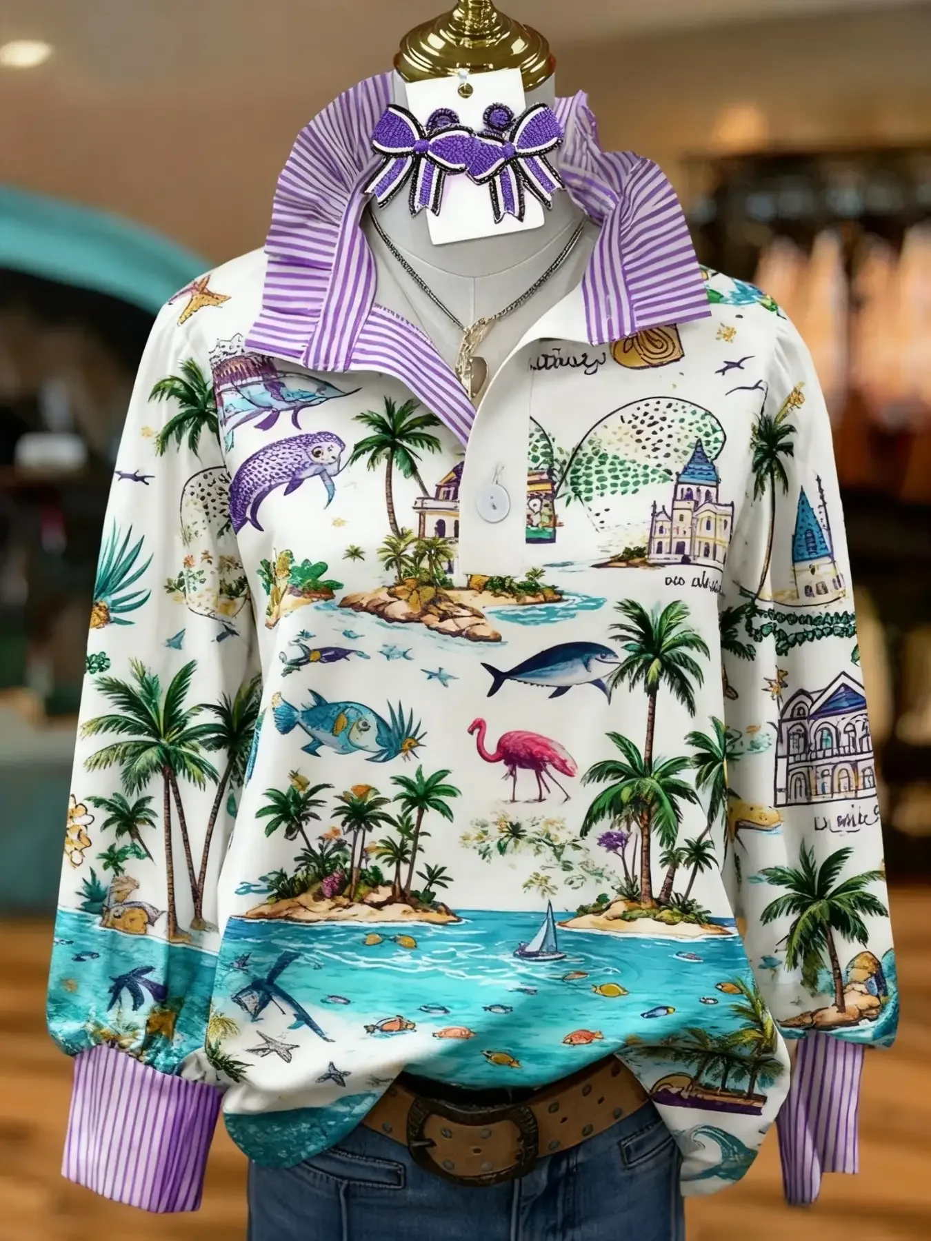 Women's Plus Size Long Sleeve Stand Collar Shirt with Creative Print for Spring, Autumn,  Elastic fabric, holiday shirt