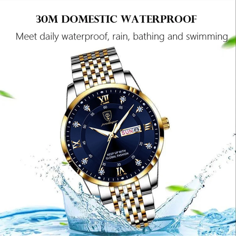 POEDAGAR Fashion Men\'s Watch Original Waterproof Stainless Steel Wristwatch Luminous Date Mineral Glass Date Trend Watch for Man