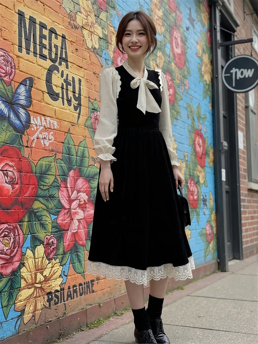 Vestido preto feminino manga longa ajuste regular estilo preppy outono primavera festa meados de bezerro floral boêmio em camadas painéis