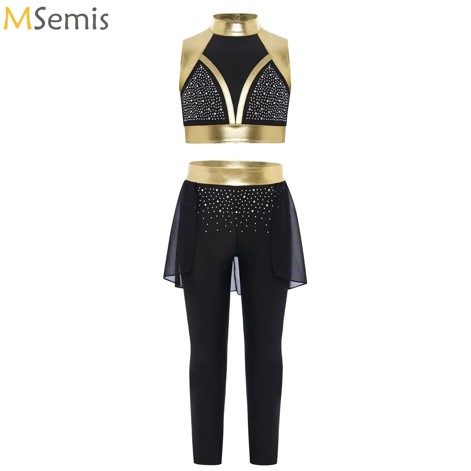 

Teen Sleeveless Ballet Dance Costume Outfit Rhythmic Gymnastics Crop Top+Skirted Pants Set for Modern Contemporary Lyrical Dance