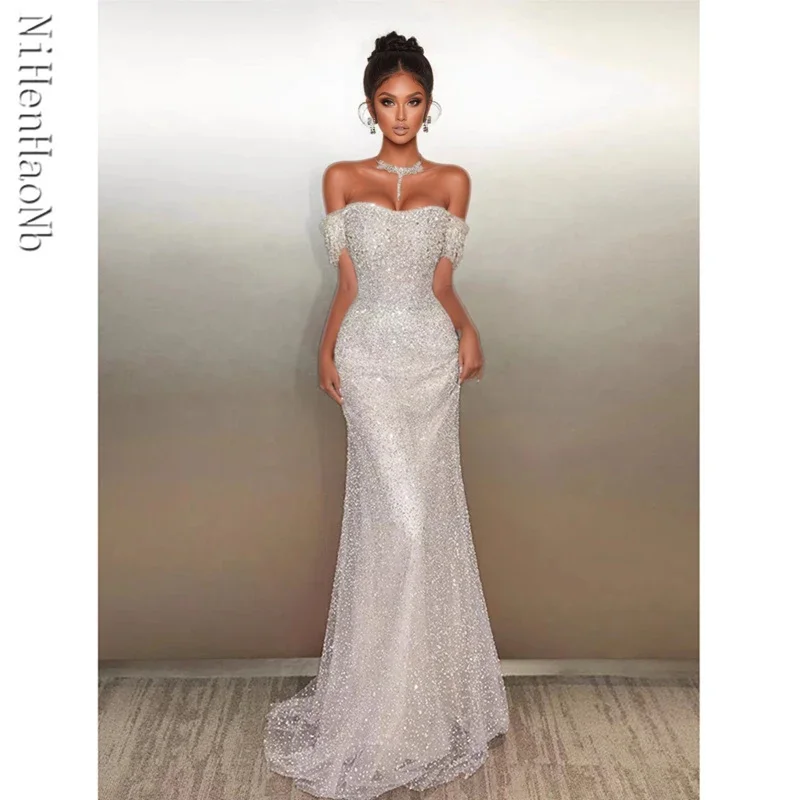 Customized Evening Dress Female Sequined Banquet Host Prom Dresses Temperament Luxury Slim Waist Fishtail Wedding Dress