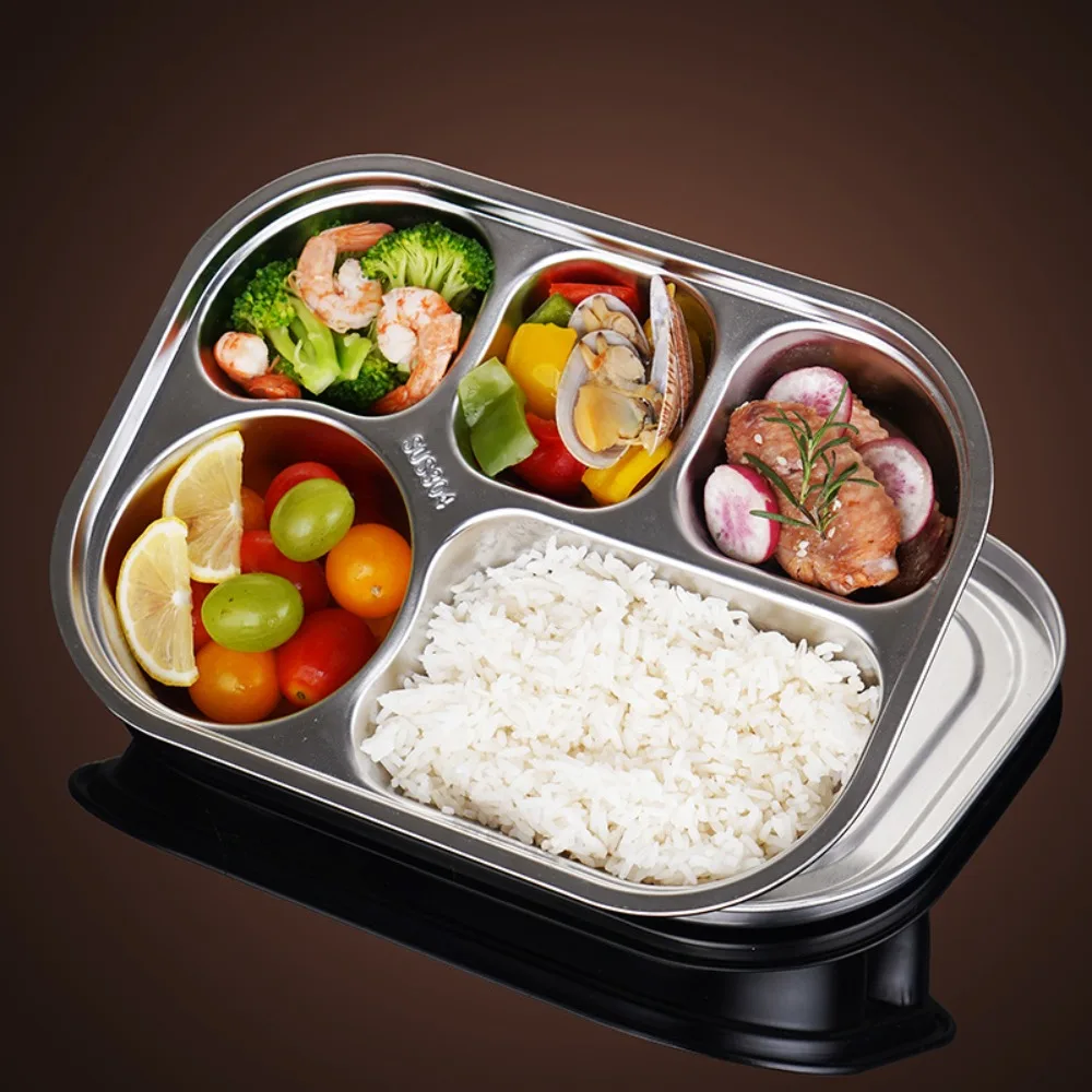

4/5-Compartments Divided Dinner Tray 304 Stainless Steel with Lid Divided Dinner Plate Deepened School Food Plate Kindergarten