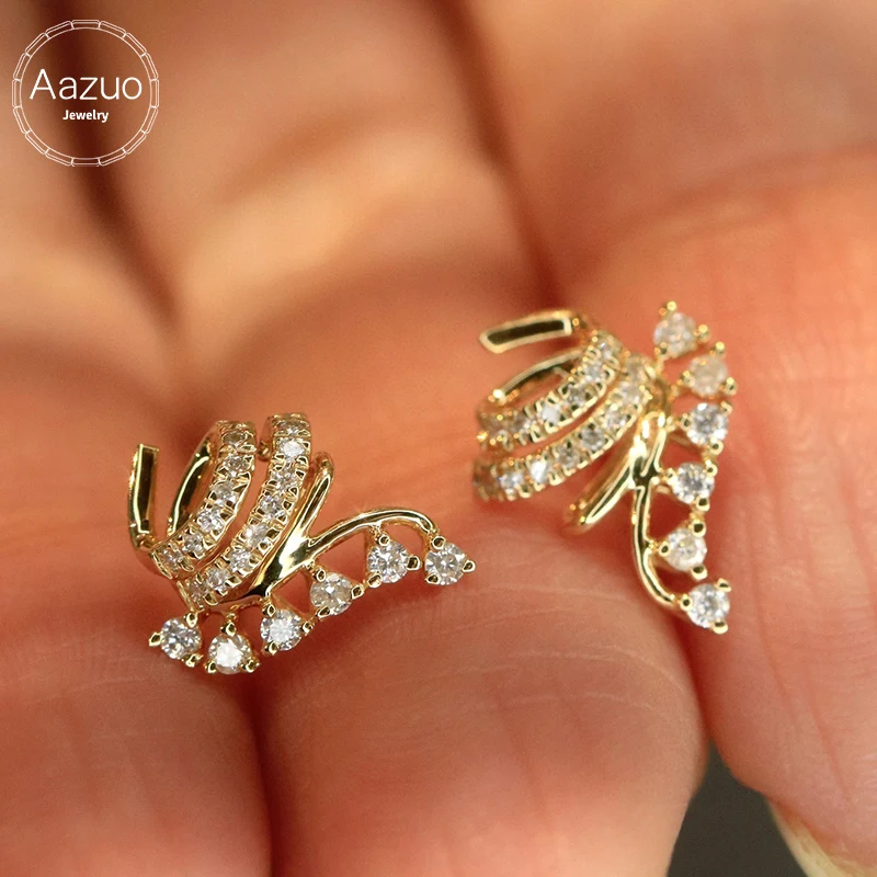 Aazuo 18K White & Yellow lGold Real Diamonds 0.26ct Fairy Stud Earrings Gifted For Women  Engagement Halo anillos mujer Party