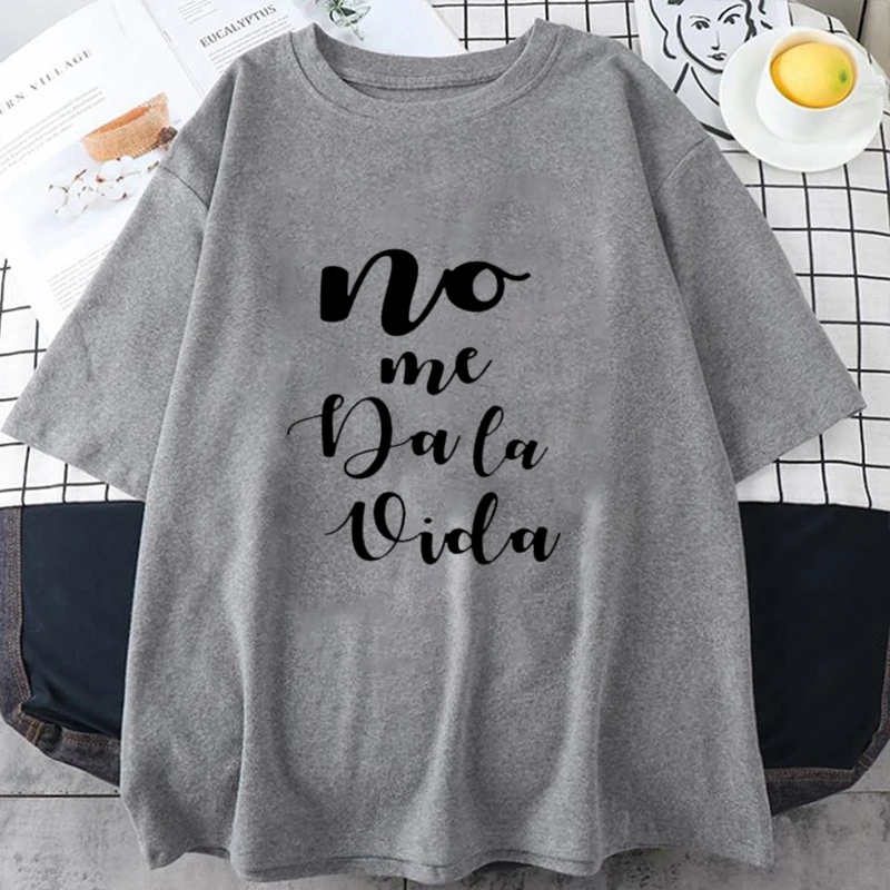 No Me Da La Vida Cursive Print Men Women Oversized T Shirt Unisex Short Sleeved Round Neck Shirt Street Fashion Leisure Tee Tops