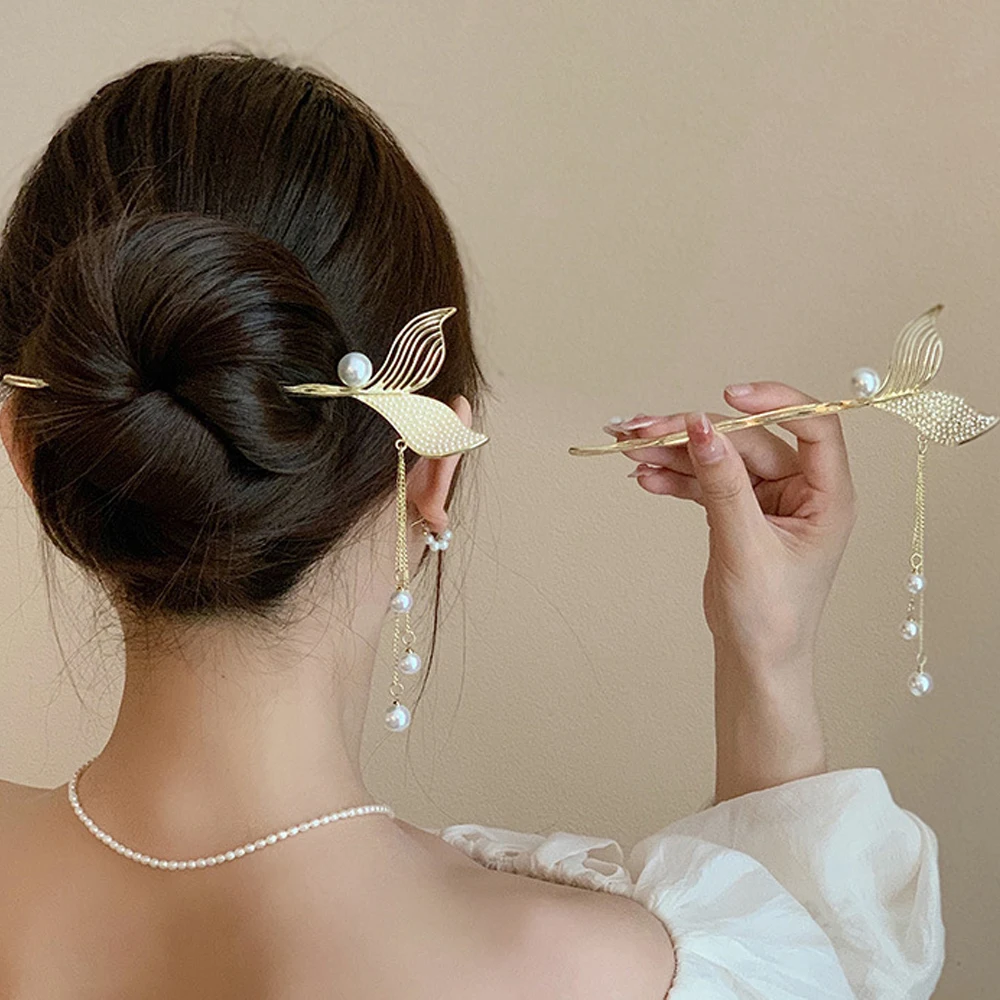 vintage fishtail tassel hair sticks chinese style pearl rhinestone hair chopstick hairclips disk sticks hairpins hairwear