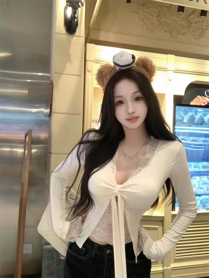 Ele الدانتيل المرقعة طويلة Sve تي شيرت التخسيس طبقة قاعدة المرأة Faion الخريف 2025 Sle لون غير رسمي #1