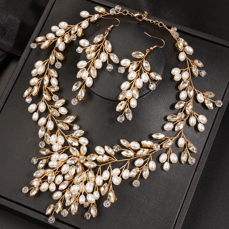 Luxurious Bridal Wedding Handmade Full Rhinestones Pearls Necklace Earrings Jewelry Set Dangle Earrings Party Jewelry for Women