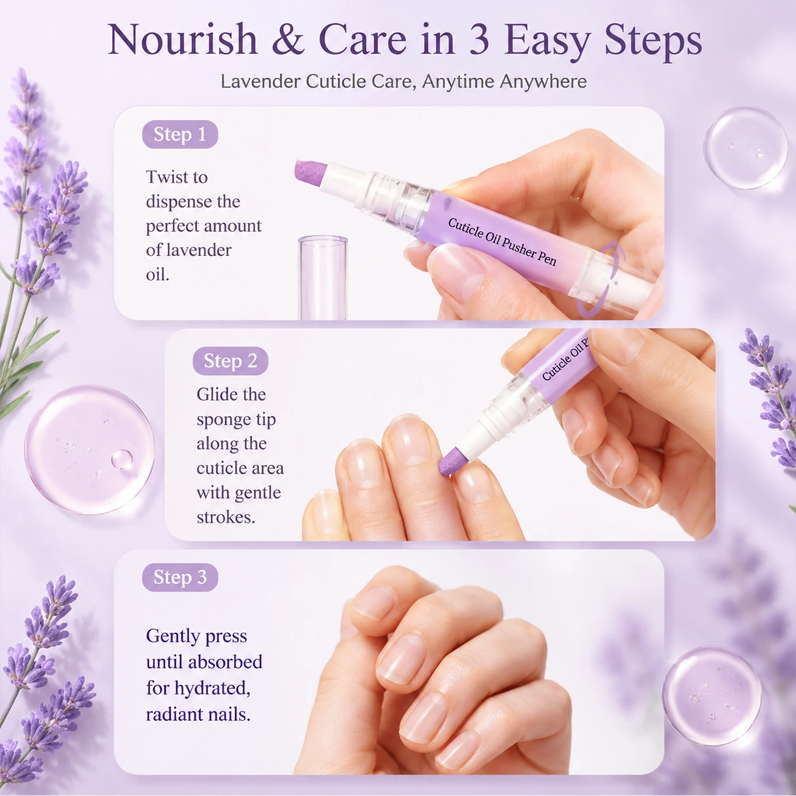2 in 1 Cuticle Oil Pusher Pen Lavender Nourishing Hydrating Softening Nail Care Portable Manicure Tool For DryHands CuticleCream view 6