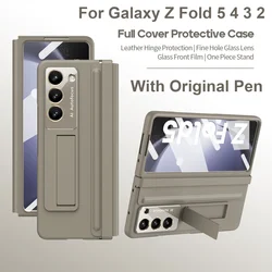 360 Full Screen Protector Cover for Samsung Galaxy Z Fold 5 4 3 7 Case Hinge Leather Plating Kickstand with Original Pen Holder