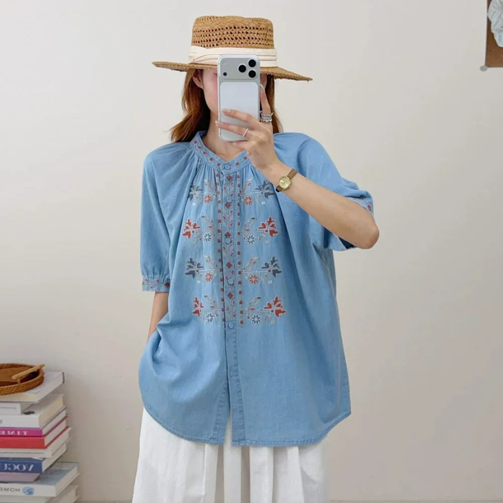 Japanese Vintage Mori Girl Floral Embroidery Denim Cotton Shirts Women Summer Stand Collar Short Sleeve Casual Loose Blouse Tops