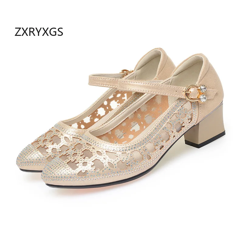 

ZXRYXGS New Trendy Genuine Leather Mesh Rhinestone Shoes Breathable Sandals 2026 Summer Women Fashionable Sandals Plus Size 43