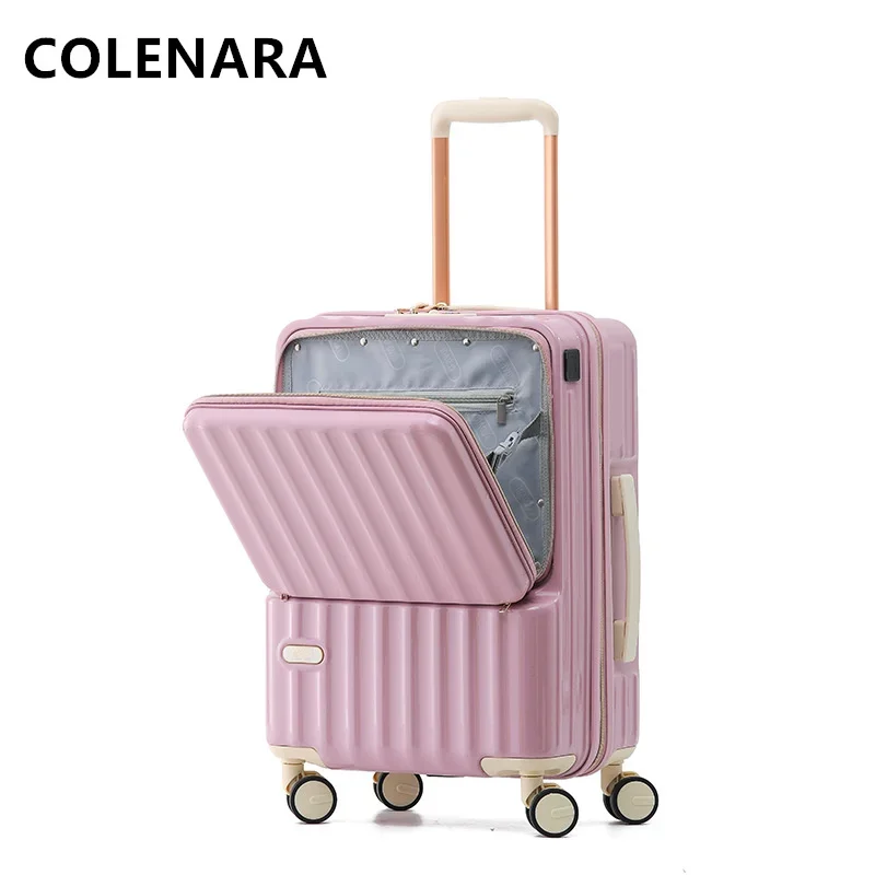 COLENARA New Luggage Front Opening Boarding Case Laptop Trolley Case USB Charging Travel Bag 20"24" ABS+PC Cabin Suitcase