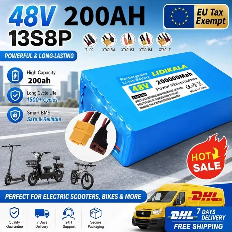 LIDIKALA 48V 200Ah 13S8P Lithium-Batteriepack mit integriertem 50A BMS, langer Lebensdauer, wasserdicht, Leistungsbatterie für Citycoco-Roller, 2000W Elektromotor