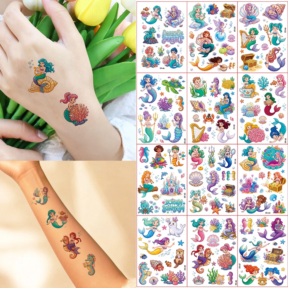 

12pcs Mermaid Temporary Tattoos Seahorse Shell Starfish Ocean Theme Hand Tattoo Waterproof Fake Tattoo Sticker Birthday Gifts