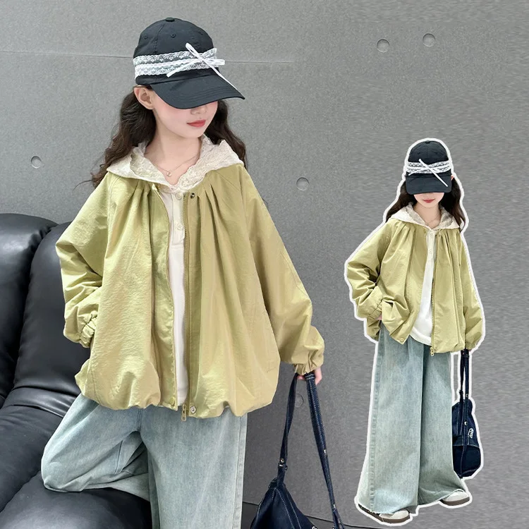 

Детские топы для девочек, осенний кружевной свитшот с капюшоном + пальто с круглым вырезом на молнии, детские костюмы для девочек, школьная одежда с длинными рукавами для девочек