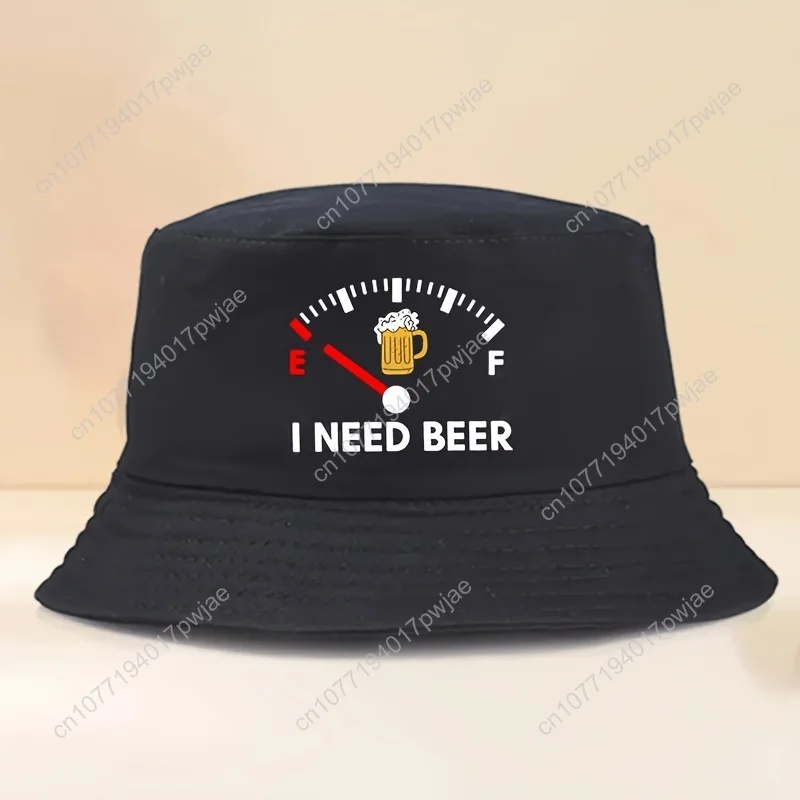 Elegant 100% Polyester Bucket Hat - Unisex Outdoor Fisherman Cap with "I NEED BEER" Print - Fashionable Sun Protection