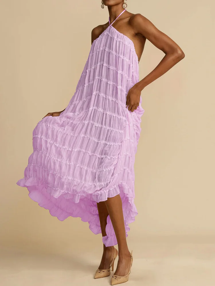 

Backless Fashion Solid Patchwork Maxi Dress, Women Summer Elegant Sleeveless Party Dress, Halter Loose Simple Sweet Ladies Dress