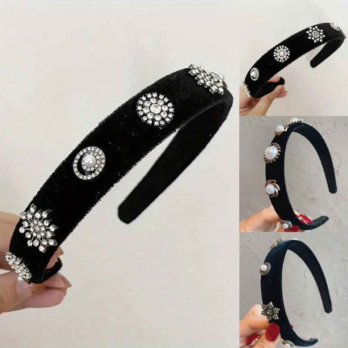 

Vintage Velvet Pearl Star Snowflake Rhinestone Headbands for Women Female Black Hairbands Makeup Hair Hoops Hair Accessories