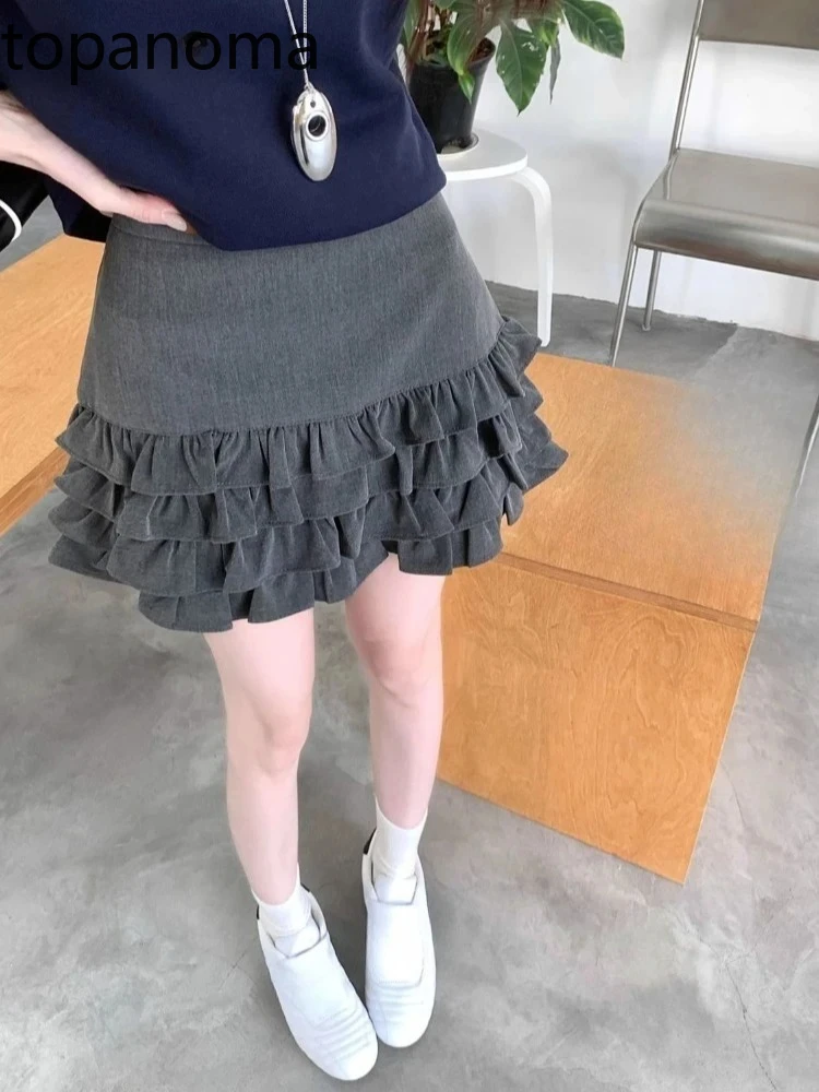 

Topanoma Mini Skirts Women Elegant Ruffles Patchwork High Waist 2025 Summer Fashion Solid Sweet Sexy Skirt Female Casual