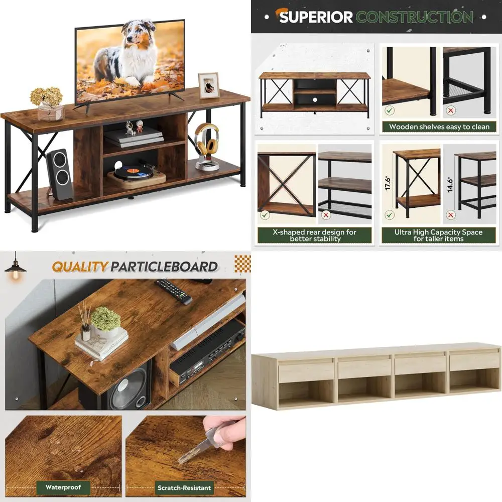 

Industrial Style Entertainment Center for 65 Inch TVs, Open Storage Shelf, Living Room and Bedroom TV Stand