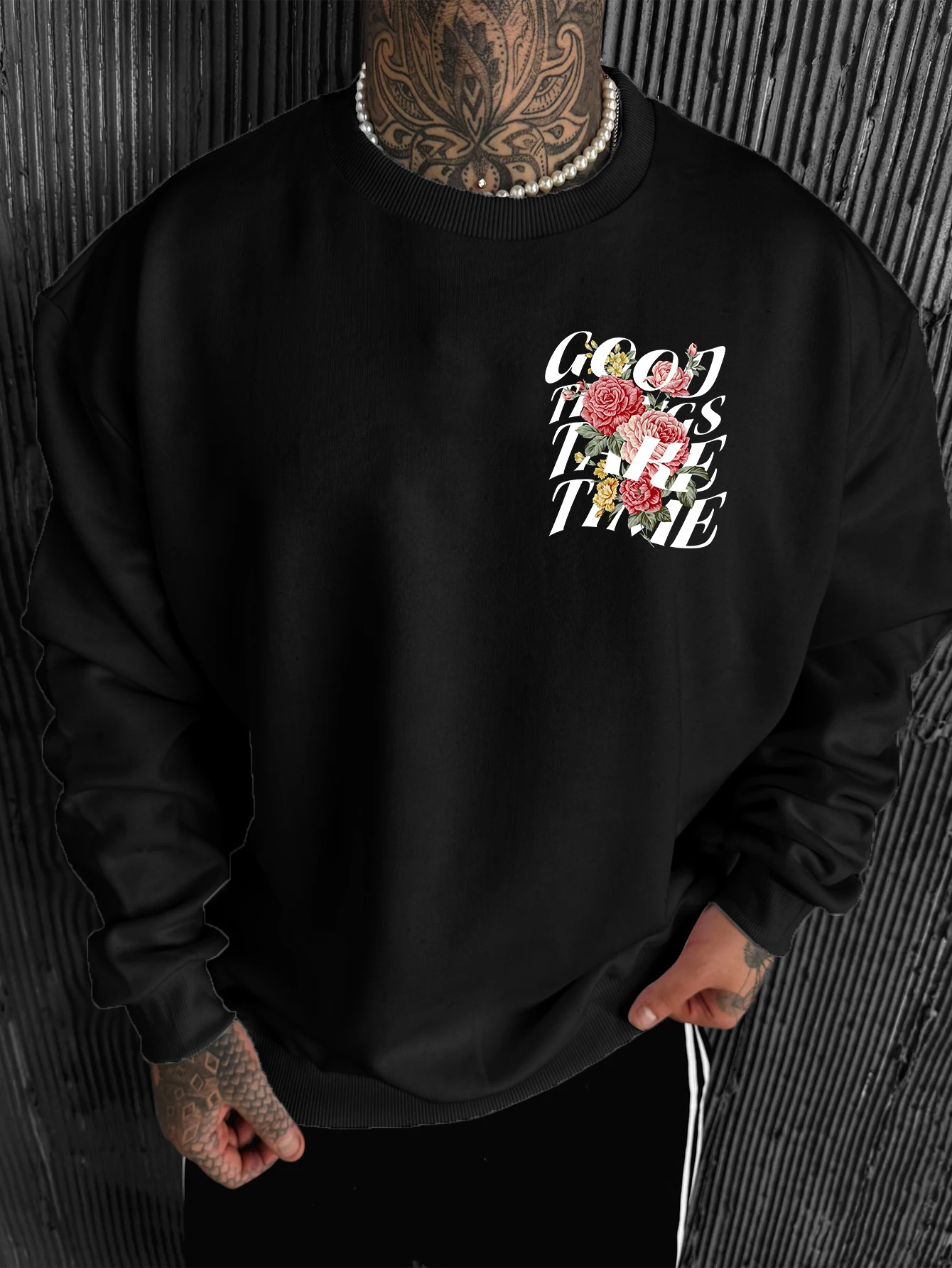 Men's Loose Crew Neck Sweatshirt Rose Floral Good Things Take Time Back Print Pullover Polyester Long Sleeve S‑2XL 1Pc