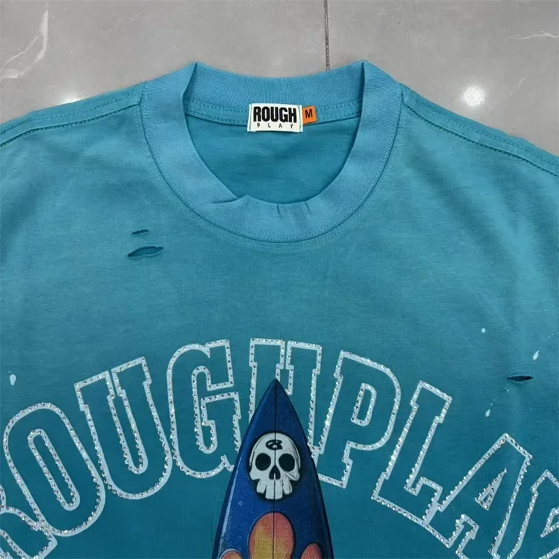 Wash Blue Rough Mens T-Shirts Hip Hop Skull Surfboard Print  Cotton T-shirtsTop