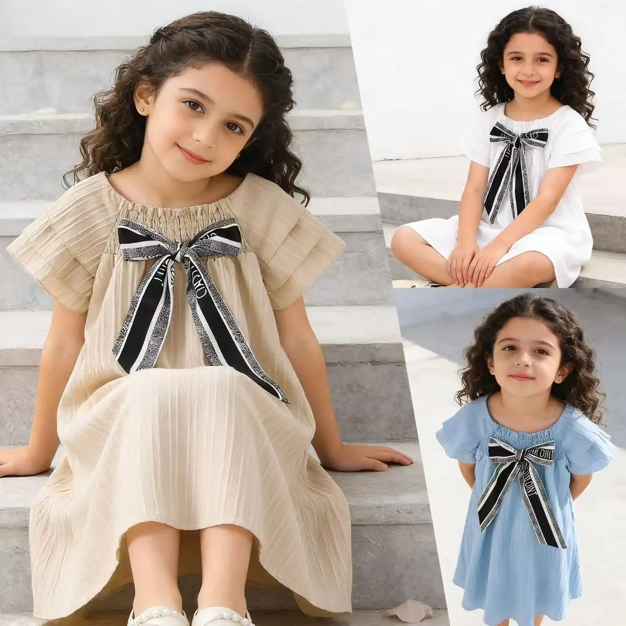 

2026 New Arrival Toddler Girls Fashion Dress Korean Style Loose Fit Bow Cute Princess Dress for 4-8Y