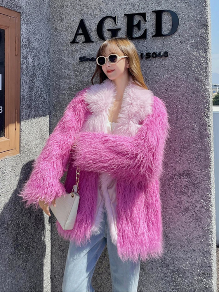 ZADORIN High Quality Fluffy Faux Mongolia Sheep Fur Coat Women Elegant Lapel Mid Long Barbie Pink Jacket Winter Fur Coats Women