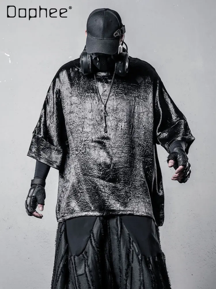 

2026 Summer New Men's Dark Street Style Thin Loose Casual Dark Texture Round Neck 3/4 Batwing Sleeve Draped T-Shirt
