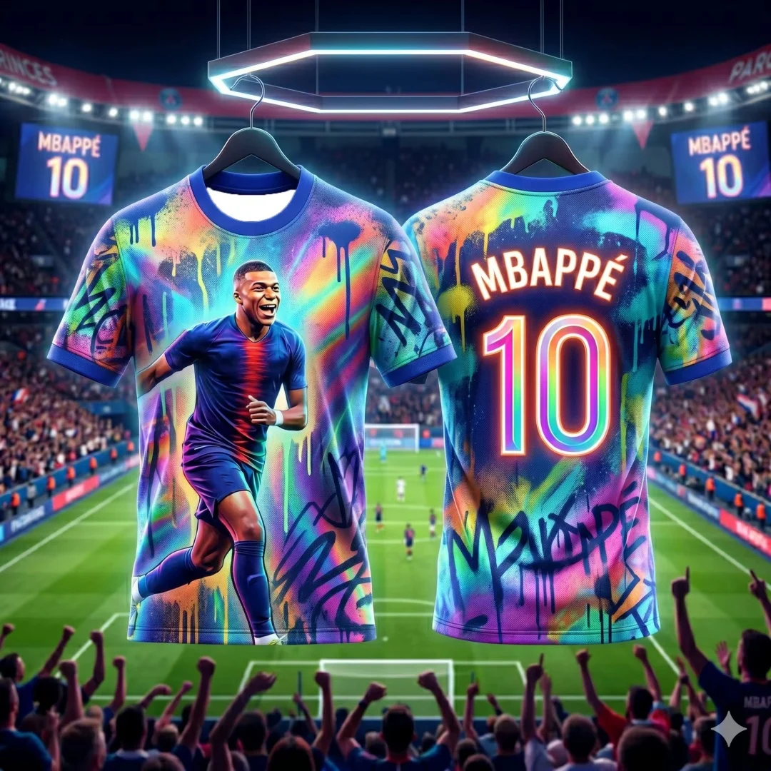 2026 Mbappé # 10 Fan-Fußballtrikots, Unisex, für Erwachsene und Kinder, Fußball-T-Shirt, Graffiti-Druck, schnell trocknendes Trainings-T-Shirt, Fan-Sport-Top