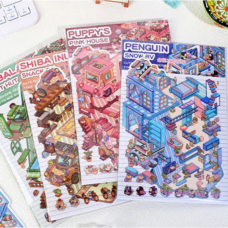 طفل الأطفال لطيف الكرتون RV المشهد اليدوية ملصقات صناعة يدوية البطريق الكلب الحيوان الملصقات مصغرة المشهد ملصق الضغط