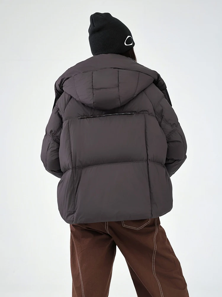 Winter Short Hooded Puff Warm Down Jacket Female Grid Splicing Thicken Zipper Jacket Women White Duck Down Fluffy Parker Outwear