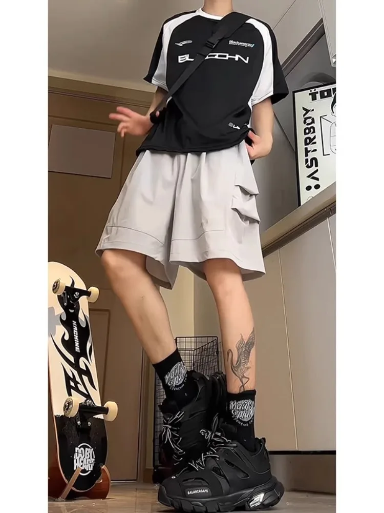 

Мужские шорты из ледяного шелка: летние, модные, в американском хип-хоп стиле, до колен, рабочие, из полиэфирного волокна, дышащие, комфортные