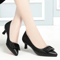 Spring New Women Fashion Square Heel Pumps For Party Lady Black Pu Soft Leather Office Shoes Comfortable Ballets Metal Buckle