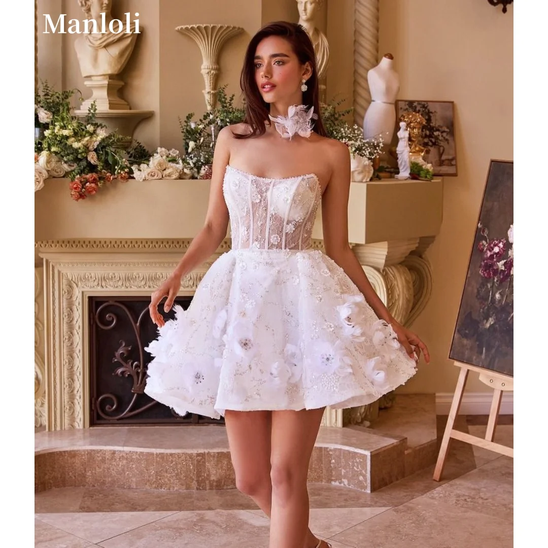 Elegant Strapless Mini Wedding Dress 3D Floral Decal Tight Corset Bride Dress Fluffy Dress Romantic Wedding Party Dress Custom