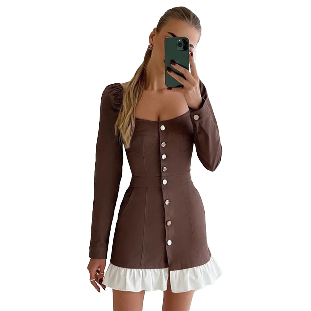 Oymimi Fashion Slim Brown Sukienka damska Seksowny kwadratowy kołnierzyk z długim rękawem Mini sukienki Elegancka patchworkowa sukienka damska z wysokim stanem — zdjęcie 2